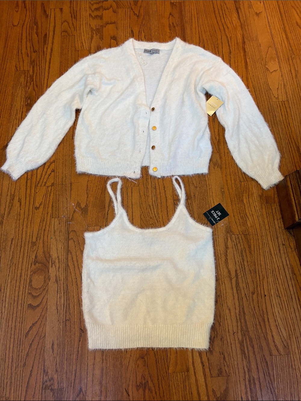 Absolutely Famous Soft White Fuzzy Cardigan & Cami Set